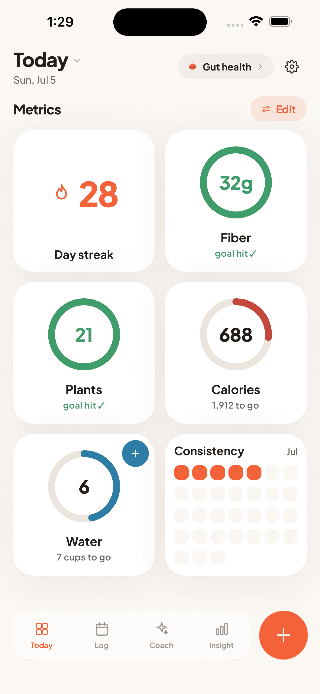 NicheTrack's Today screen: a Gut health focus with a 28-day streak, fiber and plant-variety goals hit, calories, water, and the monthly consistency grid.